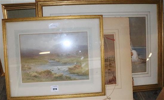 Charles Brittan watercolour of  Dartmoor, horse painting, 2 prints & 3 w/colour landscapes(-)